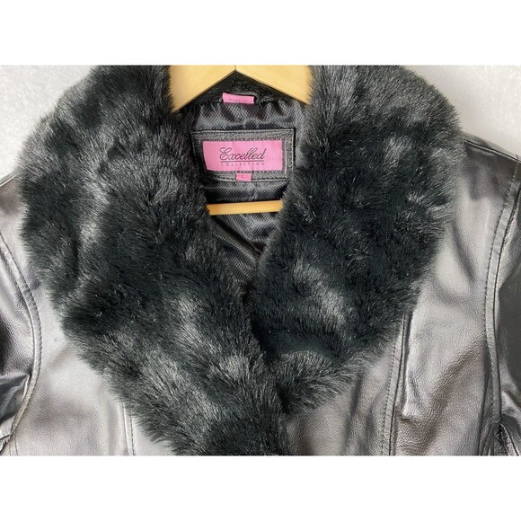 Women's Long Black Leather Trench Coat Faux Fur Trim Excelled Collection Size L - Picture 3 of 12
